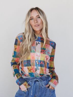 Three Bird Nest Multicolor Patchwork Floral Long Sleeve Top